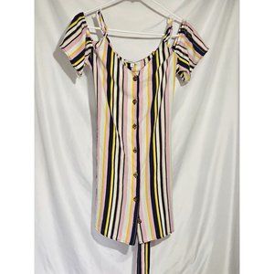 SPEECHLESS Pink, Navy, Yellow Vertical Striped Cold-shoulder Short Dress Size S